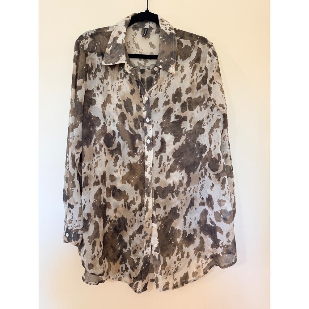 PrettyLittleThing Cow Print Sheer Button Down Shirt Brown White Western Blouse 8